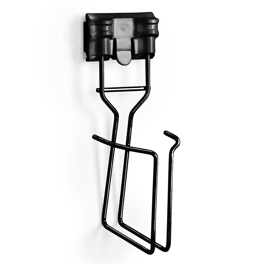 Tom flaskhållare i svart metalltråd monterad med Toolflex.