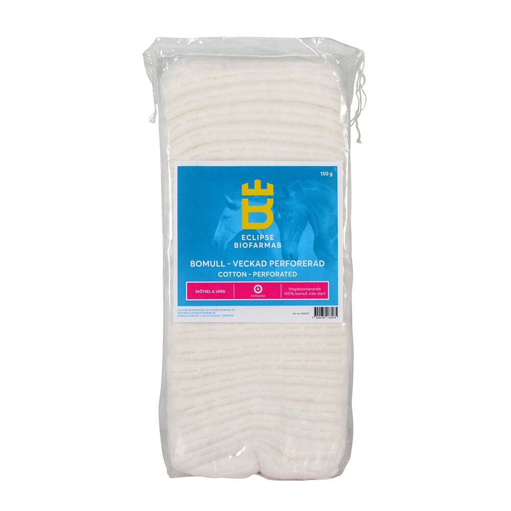 Förpackning med veckad, perforerad bomull 150 g, vit med blå etikett och gul logotyp, används för skötsel och vård.