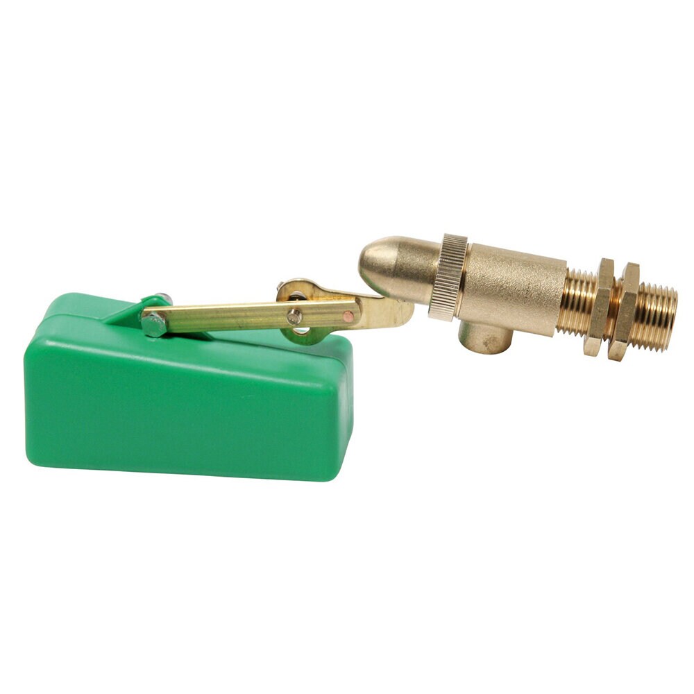 Frilagd produktbild av en flottörventil för vatten. Ventilen består av en grön, rektangulär flottörkropp i plast, fäst vid en arm i mässing. Armens andra ände är ansluten till en mässingsventil med gängade anslutningar.