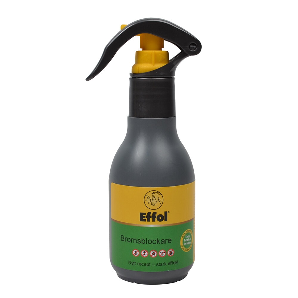 Effol Broms Blockare+ sprayflaska med gul och grön etikett, insektsmedel för hästar som skyddar mot bromsar och andra bitande insekter.